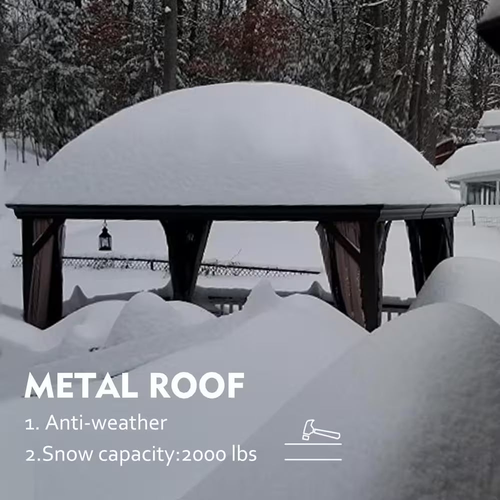 Caesar 12 Ft. X 16 Ft. Dark Brown Double Roof Permanent Hardtop Aluminum Gazebo with Netting and Sidewalls