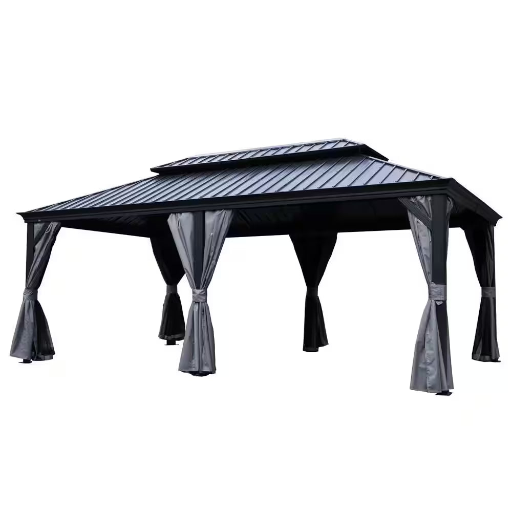 Alexander 12 Ft. D X 9 Ft. H X 20 Ft. W Aluminum Hardtop with Gazebo Galvanized Steel Roof, Nettings and Curtains, Gray